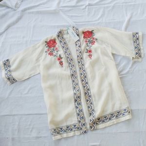 Anthropologie Boho Kyla Seo Embroidered Linen Kimono Jacket Small White
